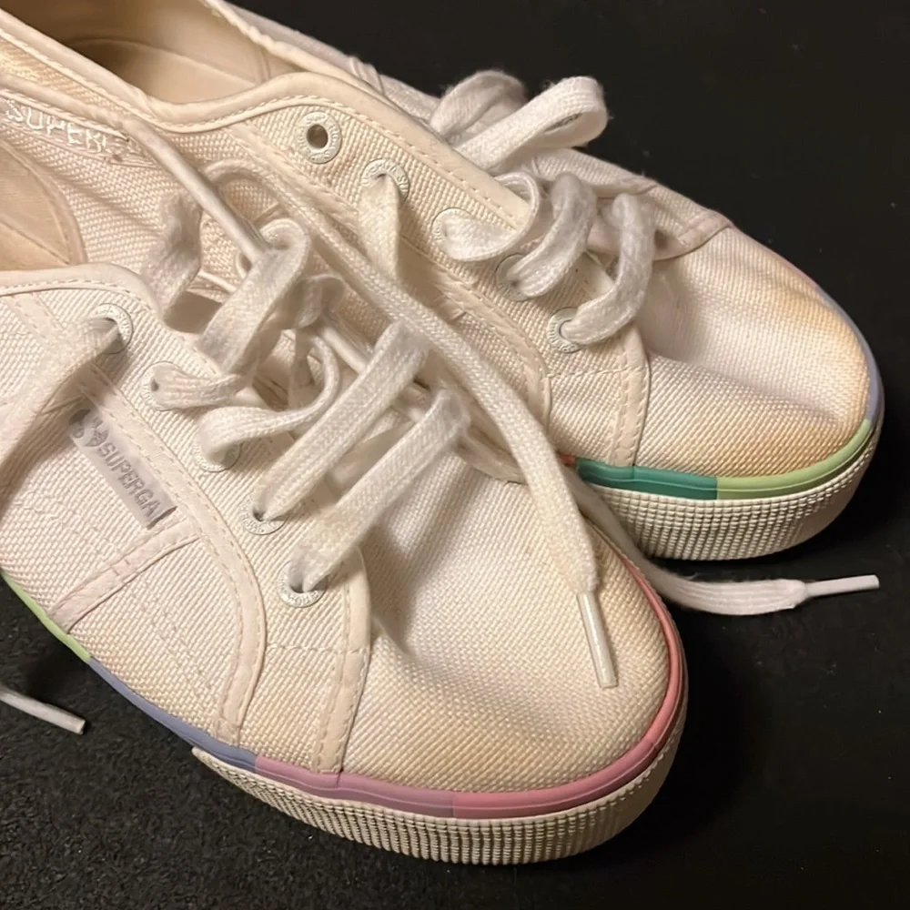 Superga White Canvas Platform Sneakers with Subtle Rainbow Trim